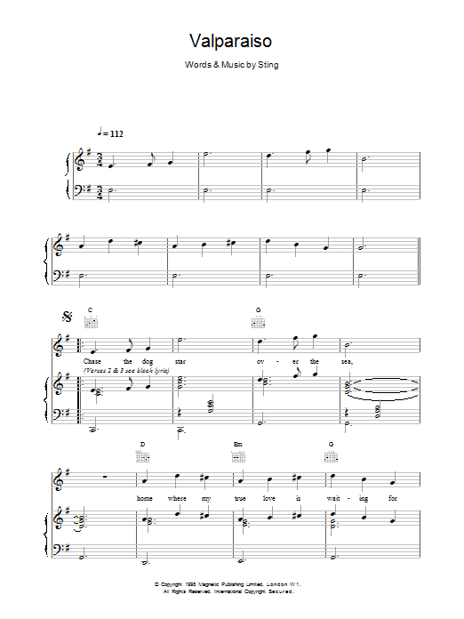 Sting Valparaiso sheet music notes and chords arranged for Piano, Vocal & Guitar Chords