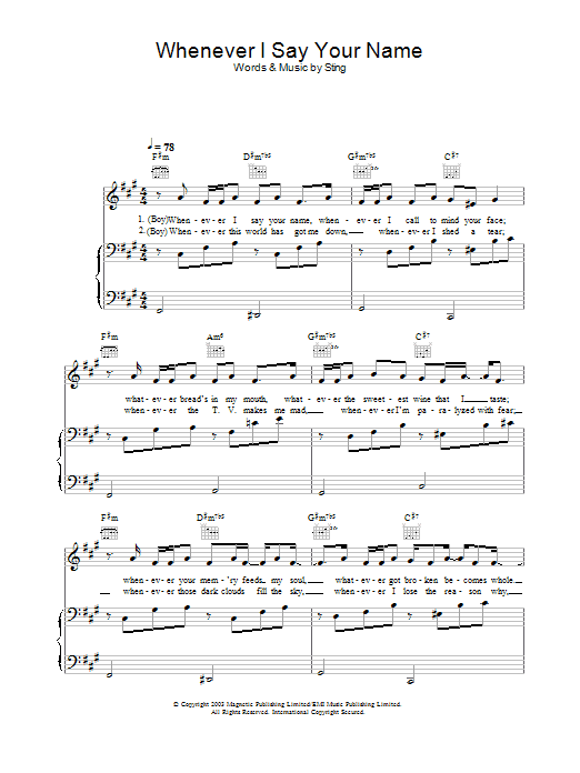 Sting Whenever I Say Your Name sheet music notes and chords arranged for Lead Sheet / Fake Book