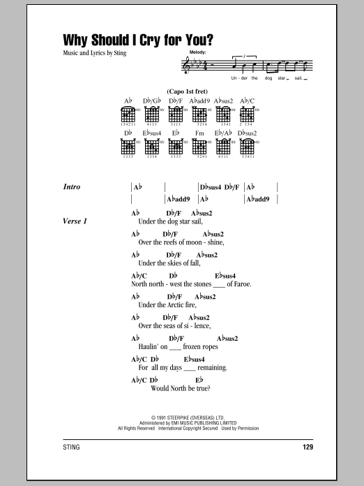 Sting Why Should I Cry For You? sheet music notes and chords arranged for Piano, Vocal & Guitar Chords (Right-Hand Melody)