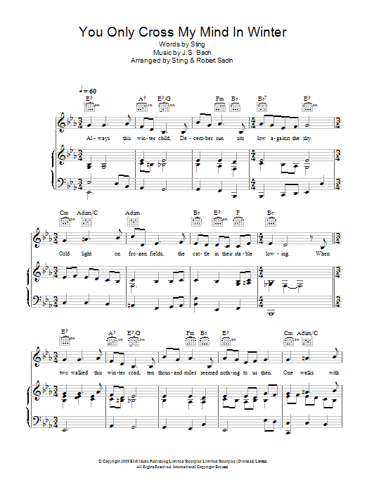 Sting You Only Cross My Mind In Winter sheet music notes and chords arranged for Piano, Vocal & Guitar Chords