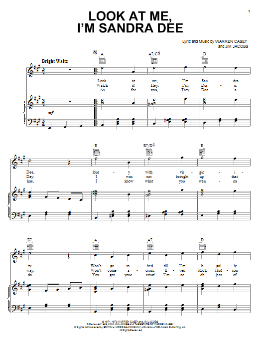 Stockard Channing Look At Me, I'm Sandra Dee (from Grease) sheet music notes and chords arranged for Piano, Vocal & Guitar Chords (Right-Hand Melody)