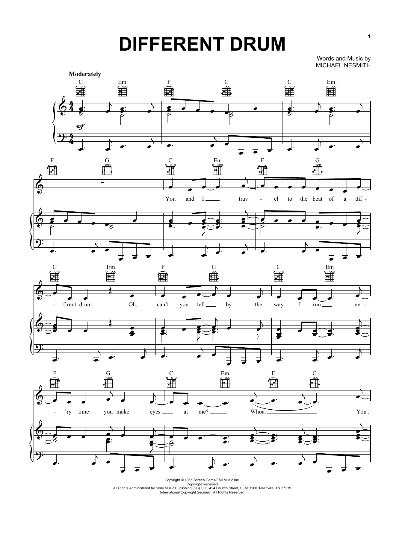 Stone Poneys and Linda Ronstadt Different Drum sheet music notes and chords arranged for Piano, Vocal & Guitar Chords (Right-Hand Melody)