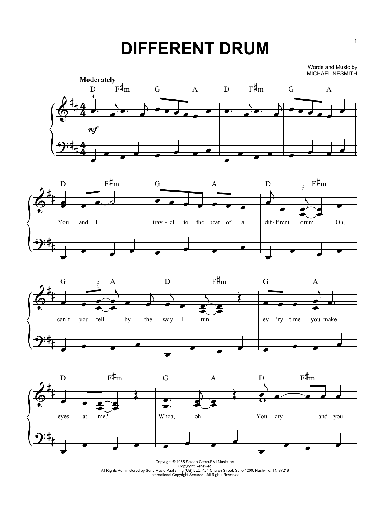 Stone Poneys Different Drum (feat. Linda Rondstadt) sheet music notes and chords arranged for Easy Piano