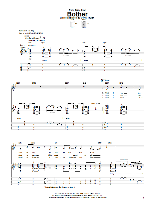 Stone Sour Bother sheet music notes and chords arranged for Guitar Tab (Single Guitar)