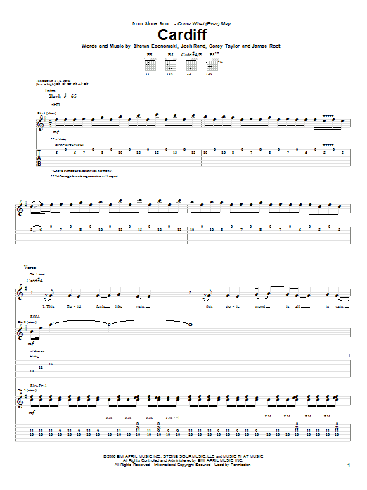 Stone Sour Cardiff sheet music notes and chords arranged for Guitar Tab