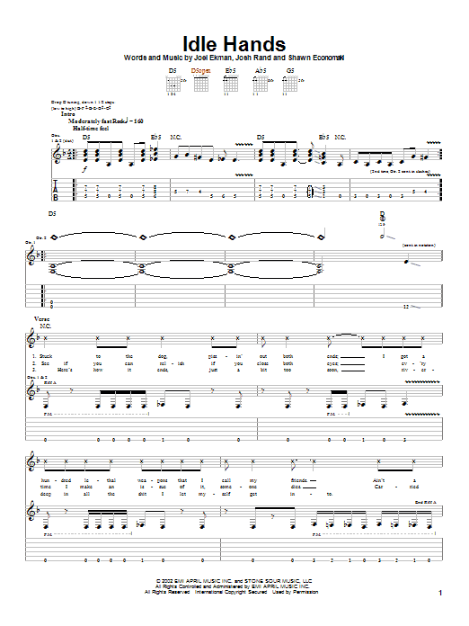 Stone Sour Idle Hands sheet music notes and chords arranged for Guitar Tab