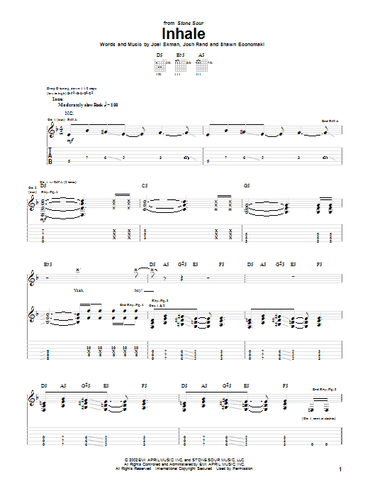 Stone Sour Inhale sheet music notes and chords arranged for Guitar Tab
