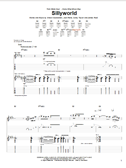 Stone Sour Sillyworld sheet music notes and chords arranged for Guitar Tab