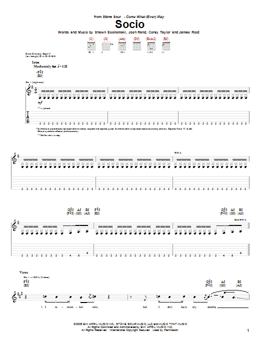 Stone Sour Socio sheet music notes and chords arranged for Guitar Tab