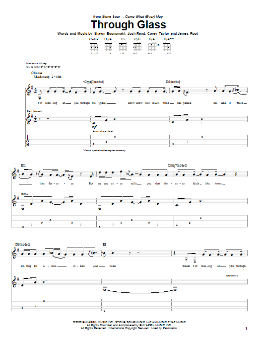 Stone Sour Through Glass sheet music notes and chords arranged for Guitar Tab