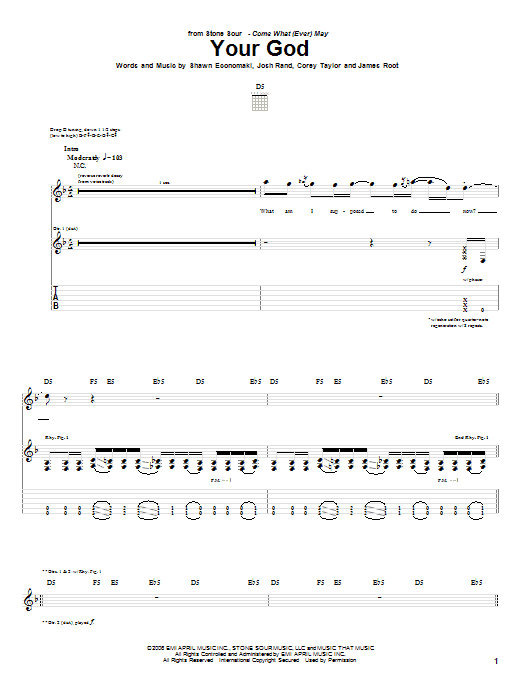 Stone Sour Your God sheet music notes and chords arranged for Guitar Tab