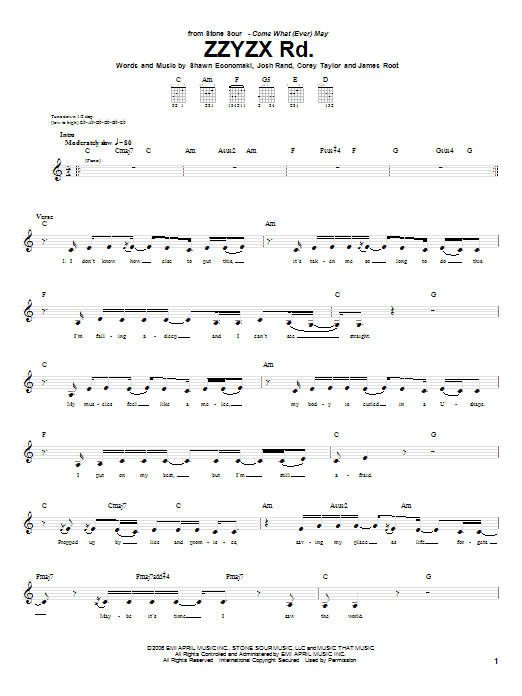 Stone Sour ZZYZX Rd. sheet music notes and chords arranged for Guitar Tab