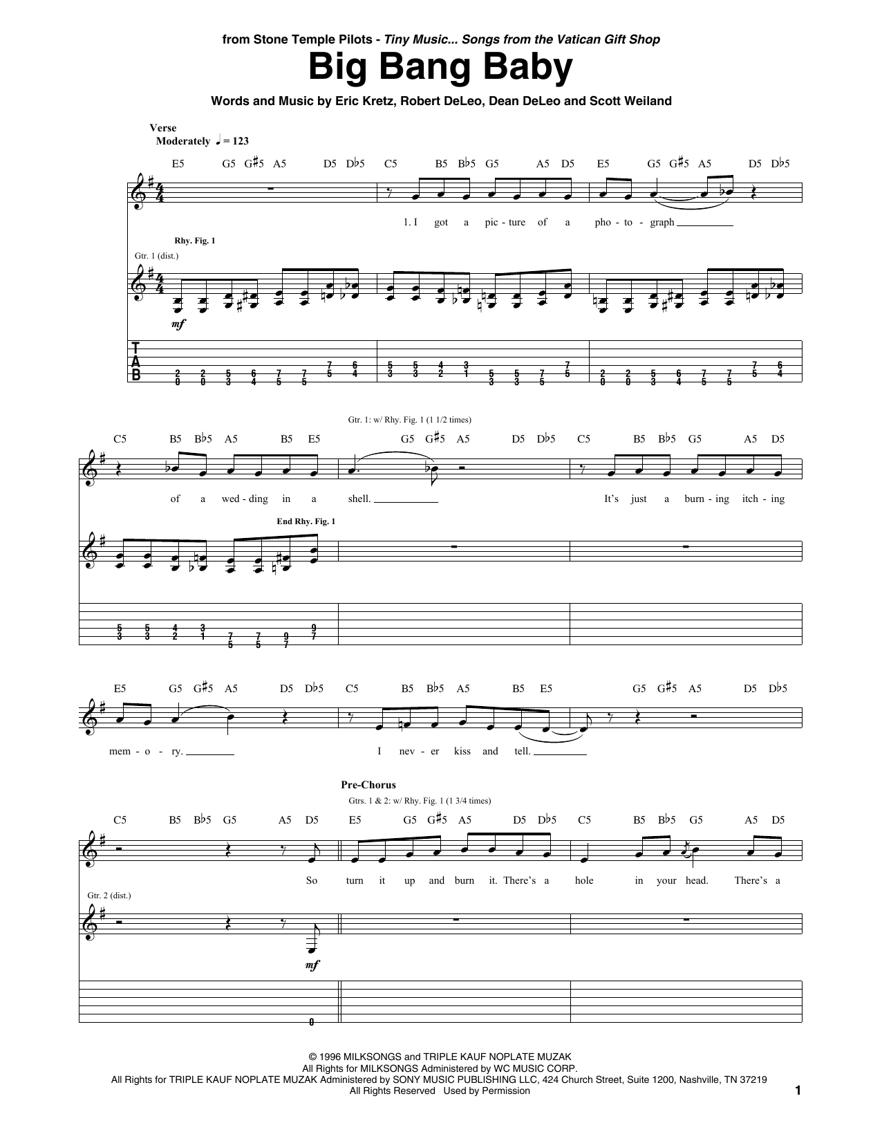 Stone Temple Pilots Big Bang Baby sheet music notes and chords arranged for Guitar Tab