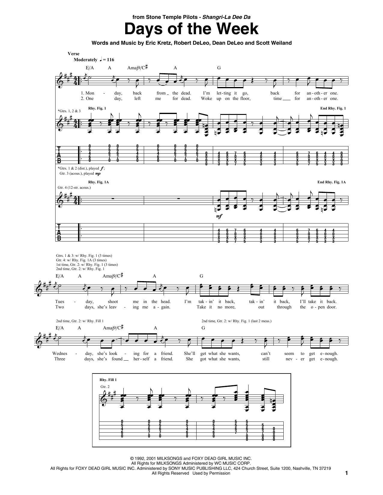 Stone Temple Pilots Days Of The Week sheet music notes and chords arranged for Guitar Tab