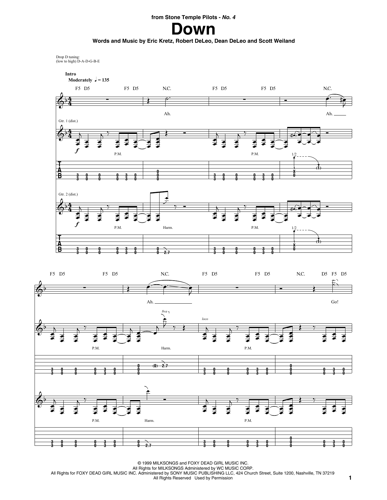 Stone Temple Pilots Down sheet music notes and chords arranged for Guitar Tab