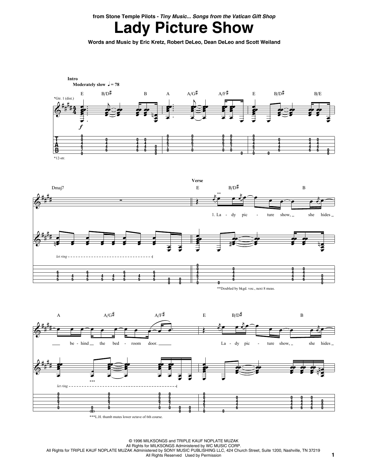 Stone Temple Pilots Lady Picture Show sheet music notes and chords arranged for Guitar Tab