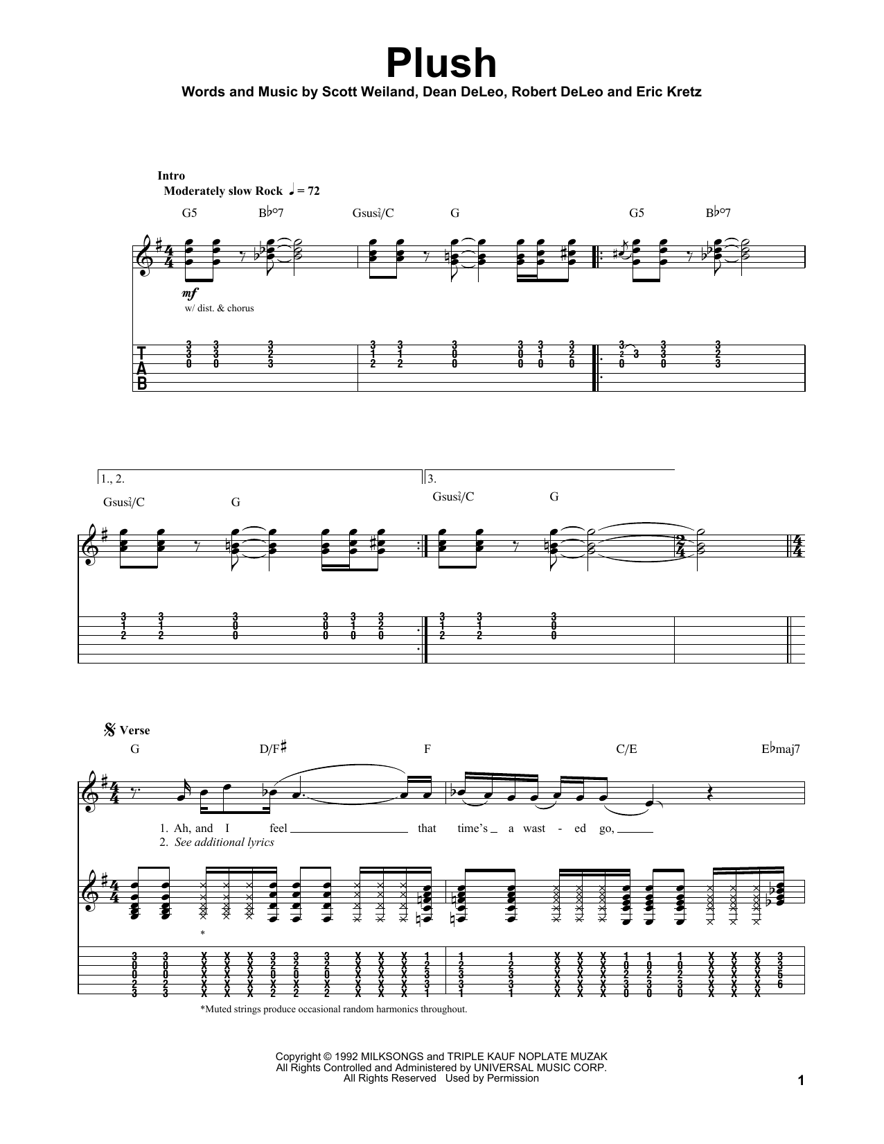 Stone Temple Pilots Plush sheet music notes and chords arranged for Easy Guitar