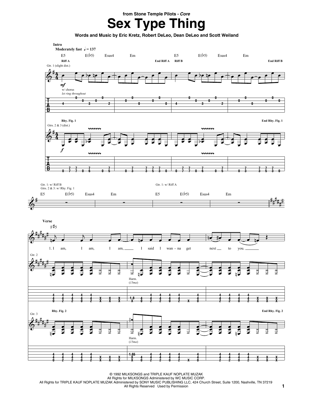 Stone Temple Pilots Sex Type Thing sheet music notes and chords arranged for Guitar Tab