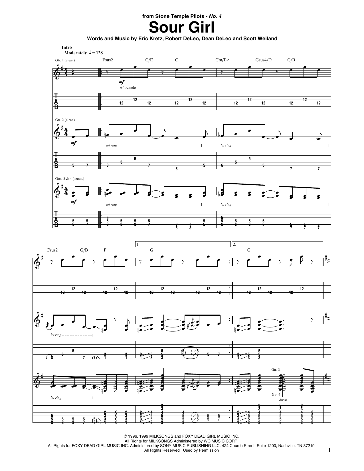 Stone Temple Pilots Sour Girl sheet music notes and chords arranged for Guitar Tab
