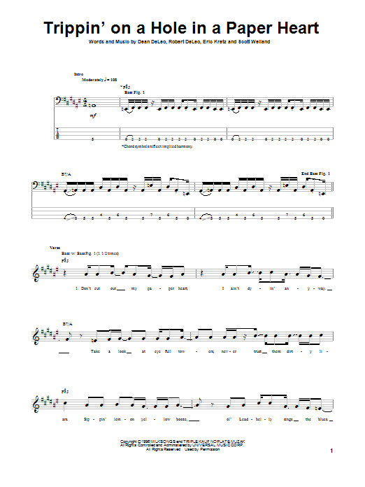 Stone Temple Pilots Trippin' On A Hole In A Paper Heart sheet music notes and chords arranged for Bass Guitar Tab