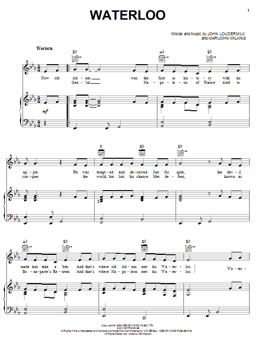 Stonewall Jackson Waterloo sheet music notes and chords arranged for Piano, Vocal & Guitar Chords (Right-Hand Melody)