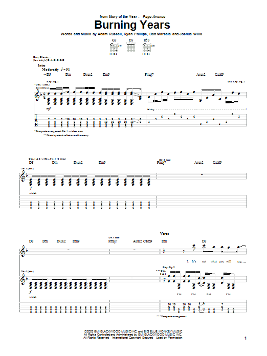 Story Of The Year Burning Years sheet music notes and chords arranged for Guitar Tab
