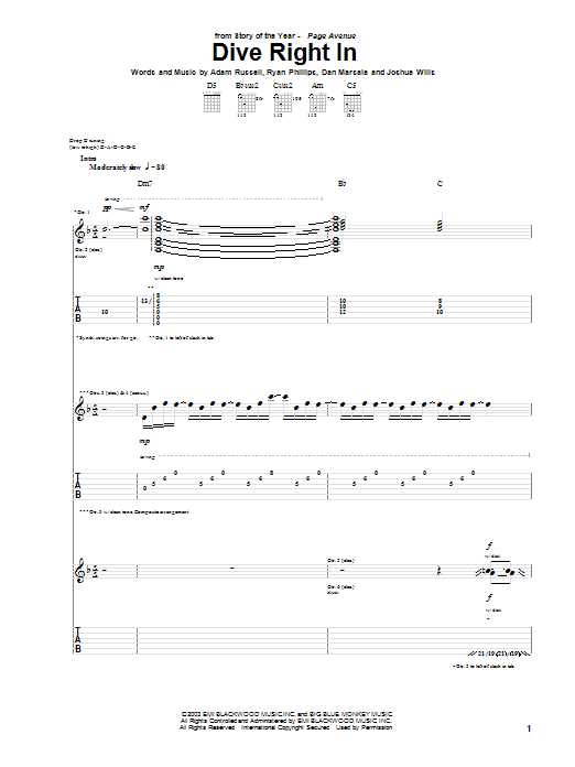 Story Of The Year Dive Right In sheet music notes and chords arranged for Guitar Tab