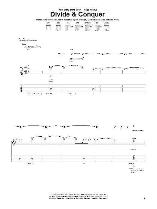 Story Of The Year Divide & Conquer sheet music notes and chords arranged for Guitar Tab