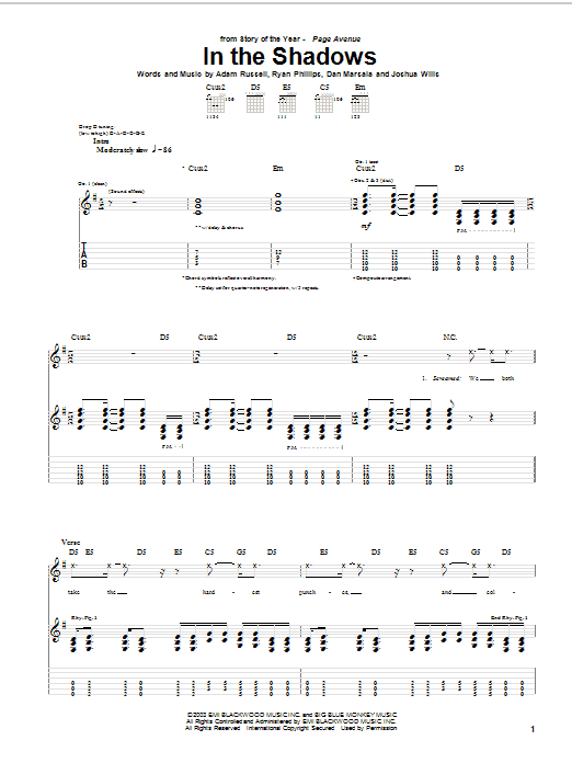 Story Of The Year In The Shadows sheet music notes and chords arranged for Guitar Tab