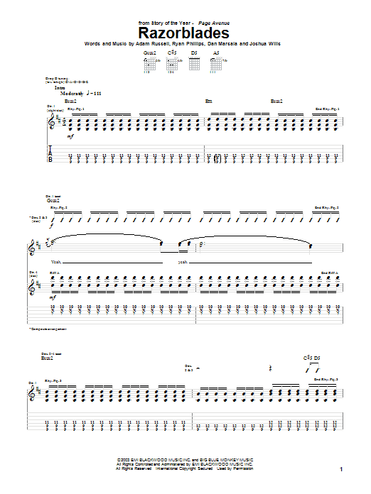 Story Of The Year Razorblades sheet music notes and chords arranged for Guitar Tab
