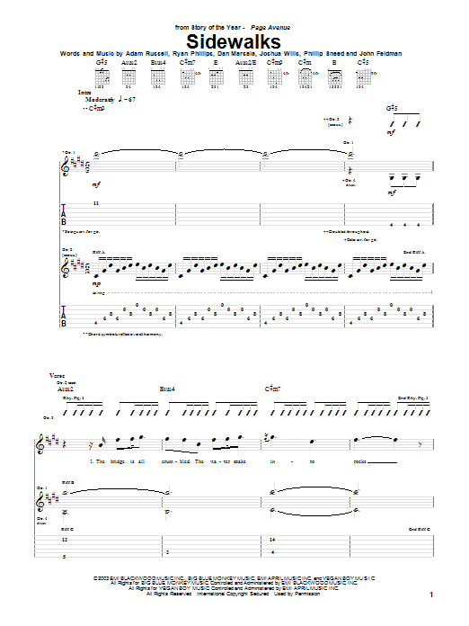 Story Of The Year Sidewalks sheet music notes and chords arranged for Guitar Tab