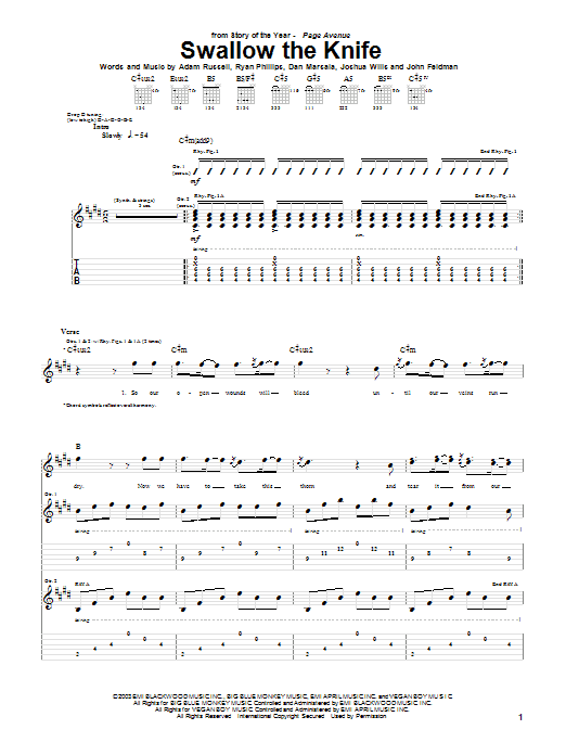 Story Of The Year Swallow The Knife sheet music notes and chords arranged for Guitar Tab
