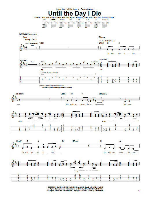 Story Of The Year Until The Day I Die sheet music notes and chords arranged for Guitar Lead Sheet