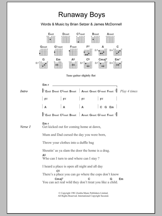 Stray Cats Runaway Boys sheet music notes and chords arranged for Guitar Chords/Lyrics