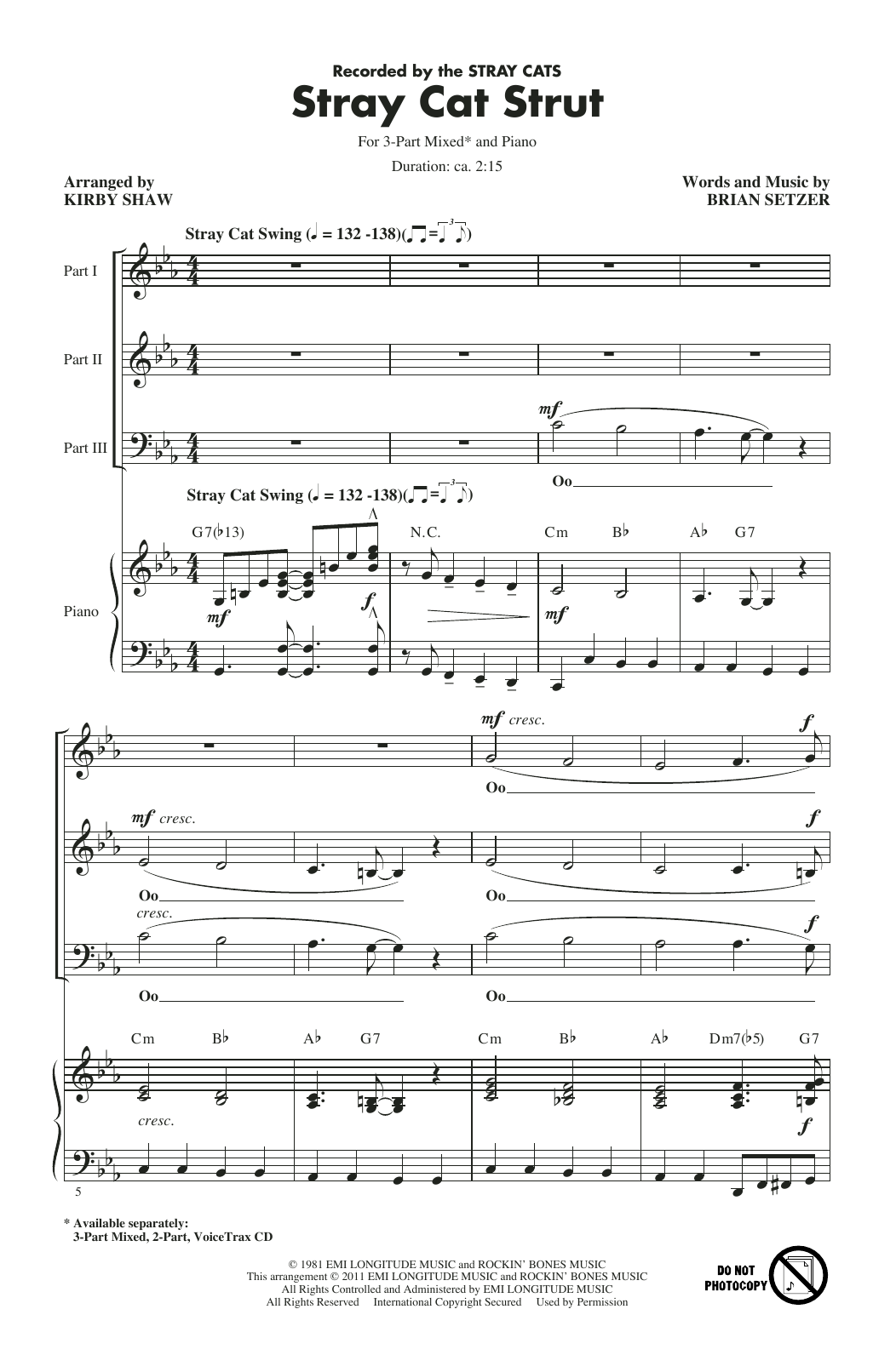 Stray Cats Stray Cat Strut (arr. Kirby Shaw) sheet music notes and chords arranged for 3-Part Mixed Choir