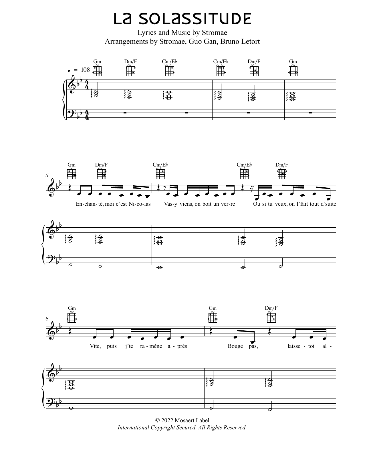 Stromae La Solassitude sheet music notes and chords arranged for Piano, Vocal & Guitar Chords