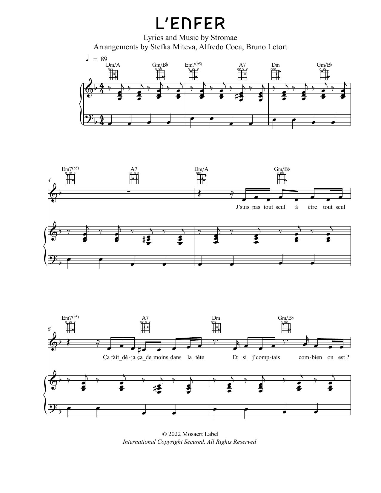 Stromae L'Enfer sheet music notes and chords arranged for Piano, Vocal & Guitar Chords