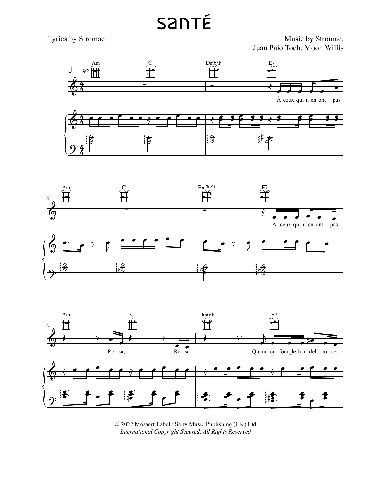 Stromae Santé sheet music notes and chords arranged for Piano, Vocal & Guitar Chords