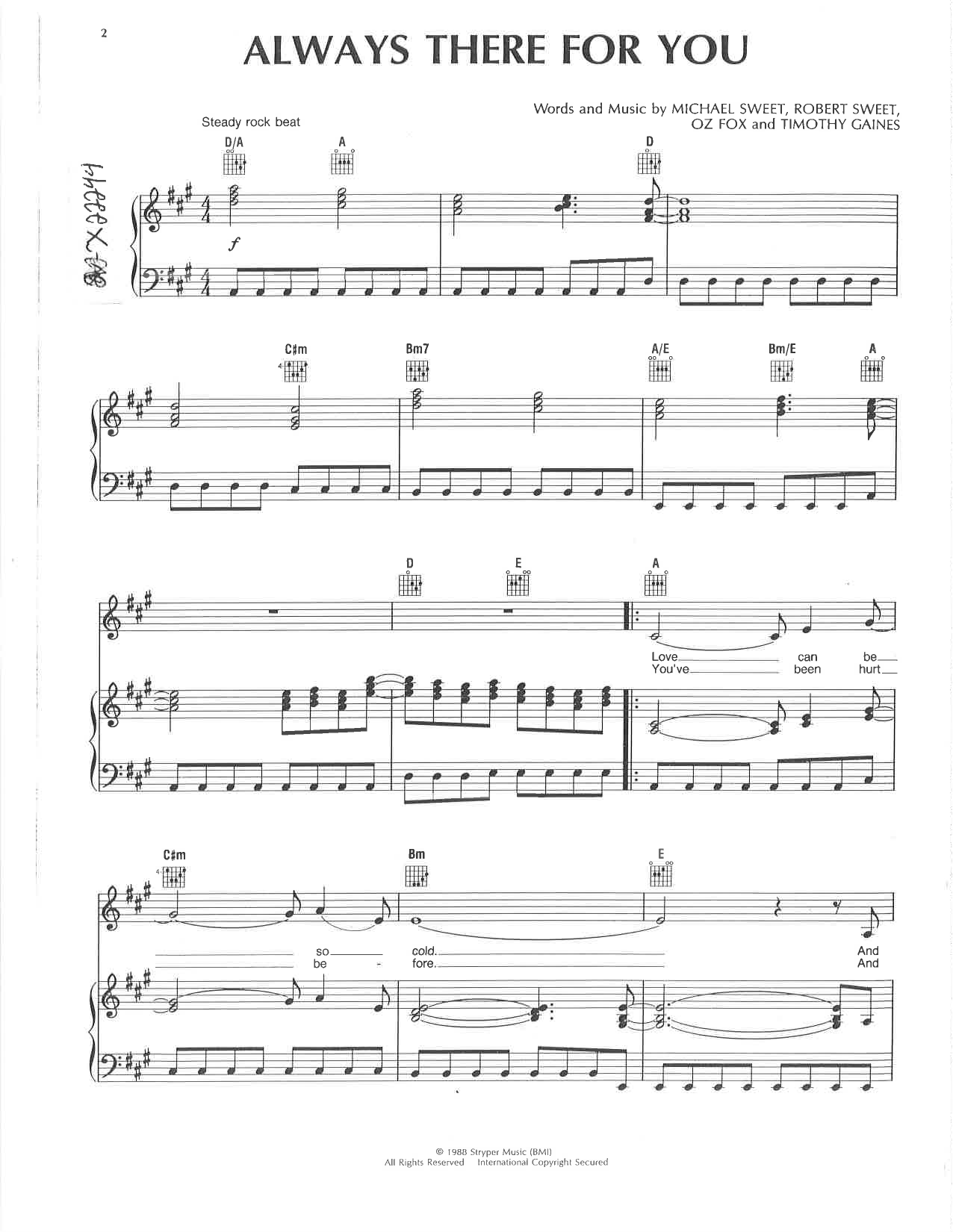 Stryper Always There For You sheet music notes and chords arranged for Piano, Vocal & Guitar Chords (Right-Hand Melody)
