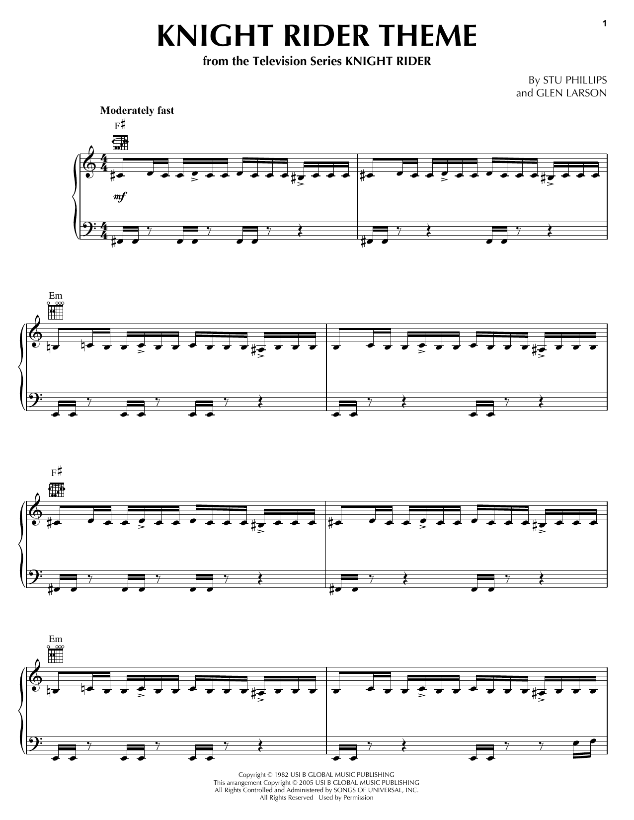Stu Phillips Knight Rider Theme sheet music notes and chords arranged for Piano Solo