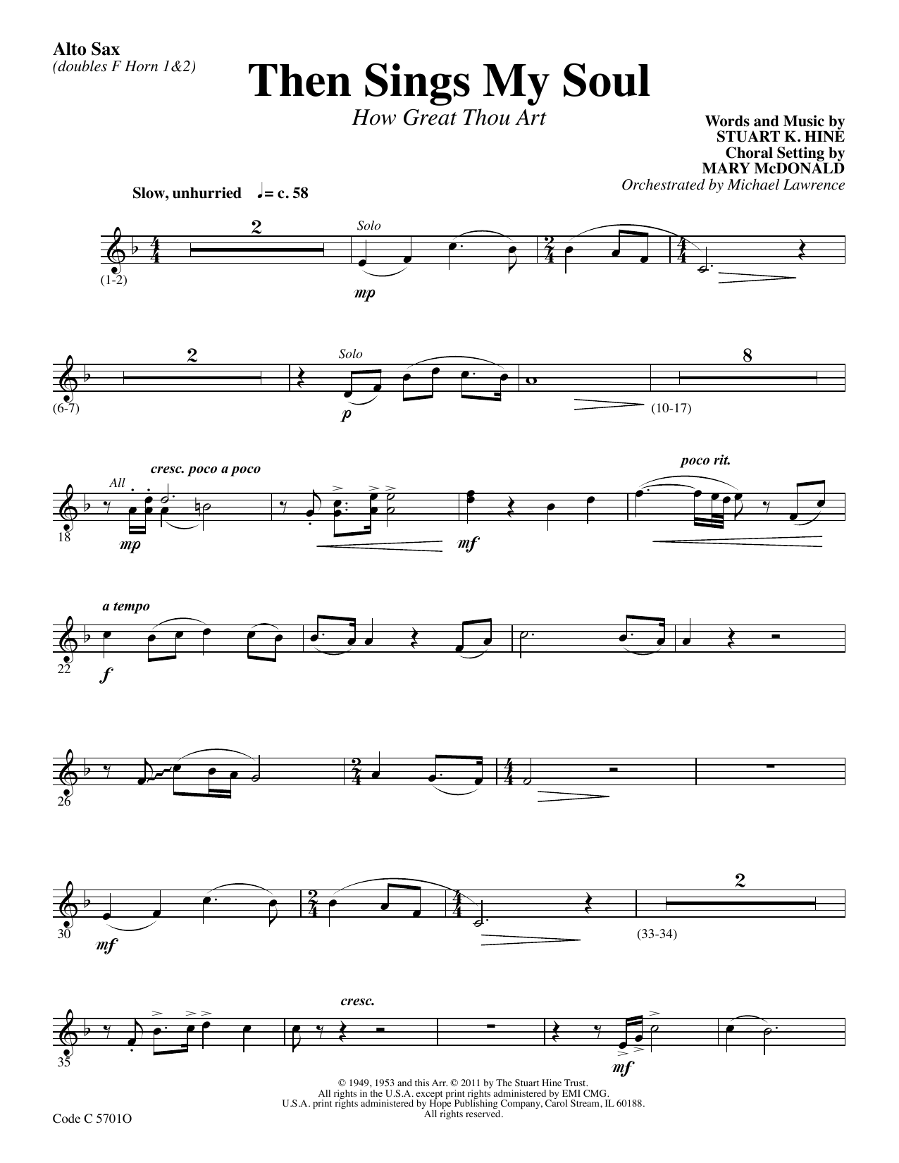 Stuart K. Hine Then Sings My Soul (How Great Thou Art) - Alto Sax sheet music notes and chords arranged for Choir Instrumental Pak