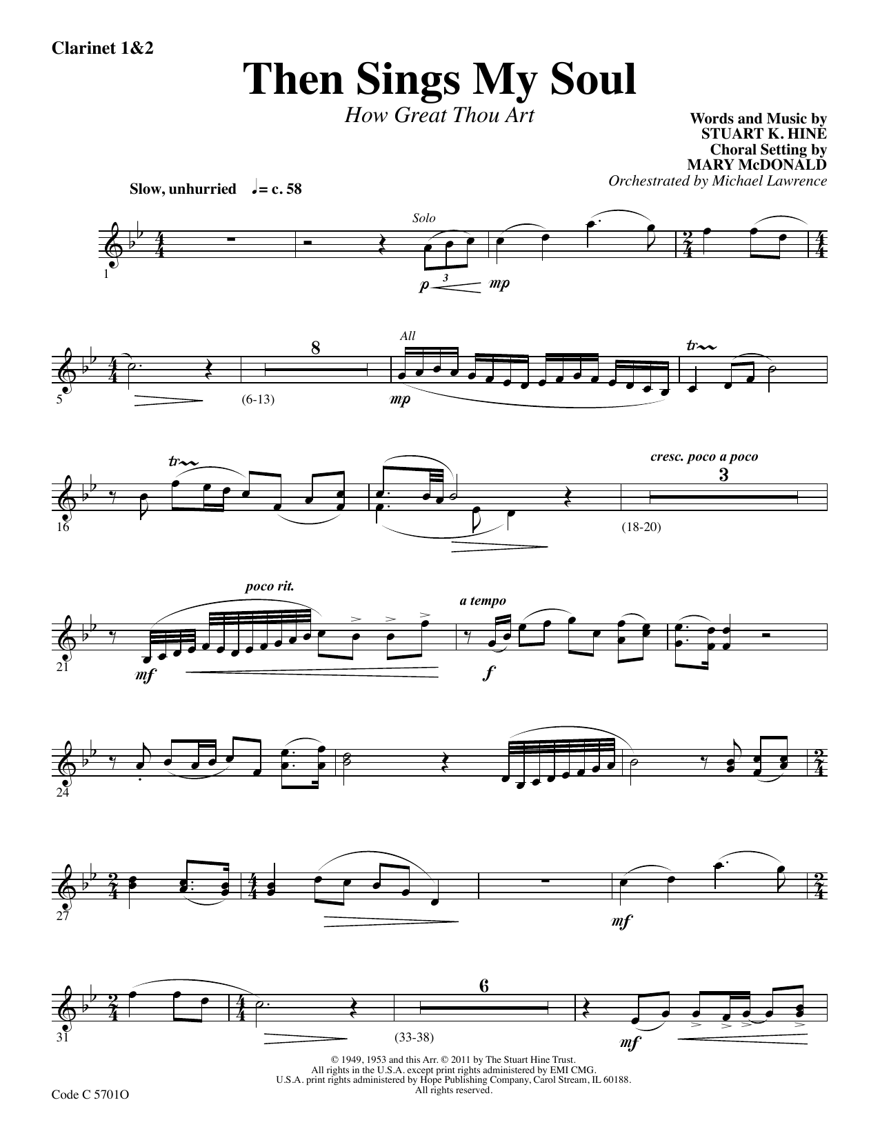 Stuart K. Hine Then Sings My Soul (How Great Thou Art) - Bb Clarinet 1 & 2 sheet music notes and chords arranged for Choir Instrumental Pak