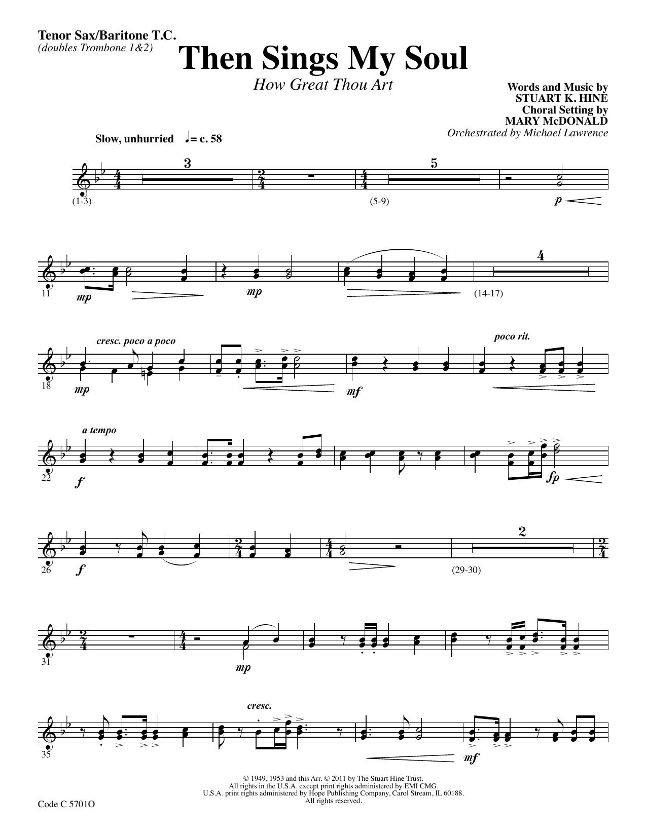 Stuart K. Hine Then Sings My Soul (How Great Thou Art) - Bb Tenor Sax/Baritone TC sheet music notes and chords arranged for Choir Instrumental Pak