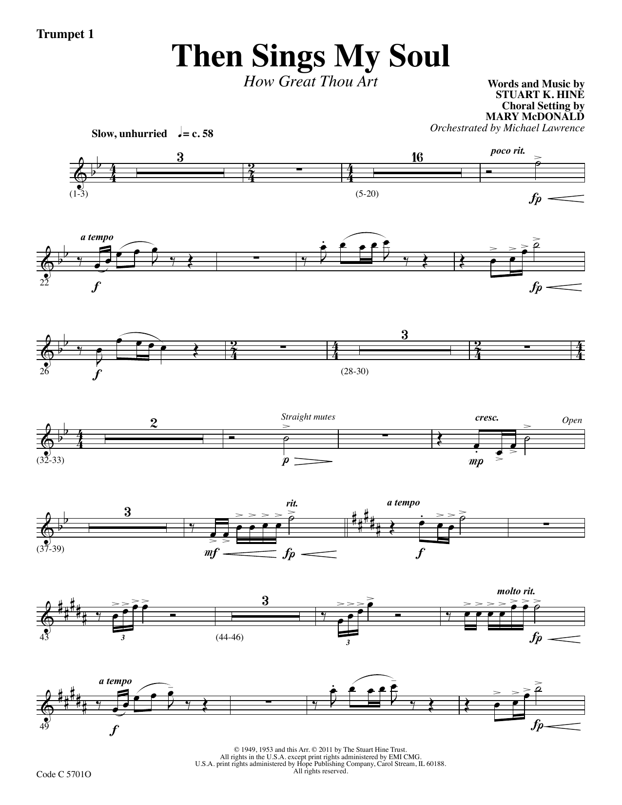 Stuart K. Hine Then Sings My Soul (How Great Thou Art) - Bb Trumpet 1 sheet music notes and chords arranged for Choir Instrumental Pak