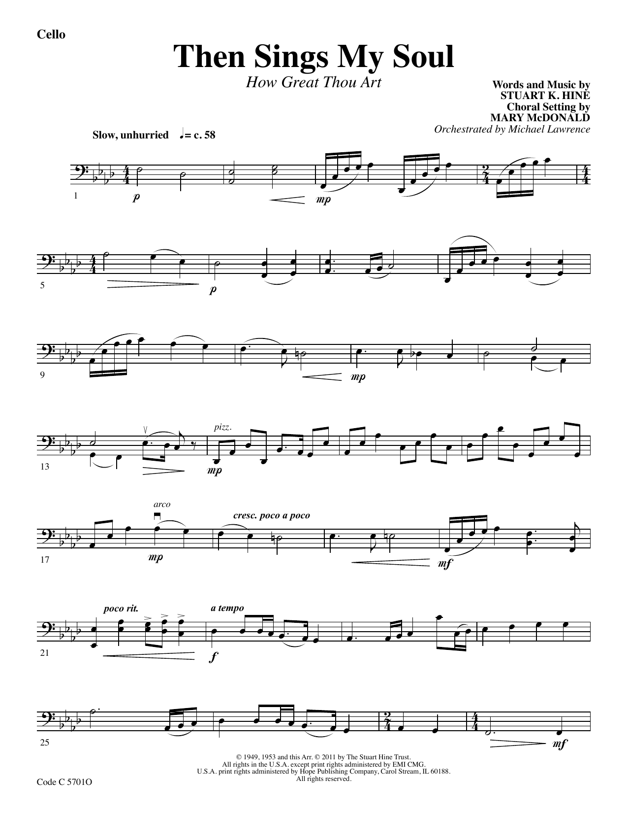 Stuart K. Hine Then Sings My Soul (How Great Thou Art) - Cello sheet music notes and chords arranged for Choir Instrumental Pak