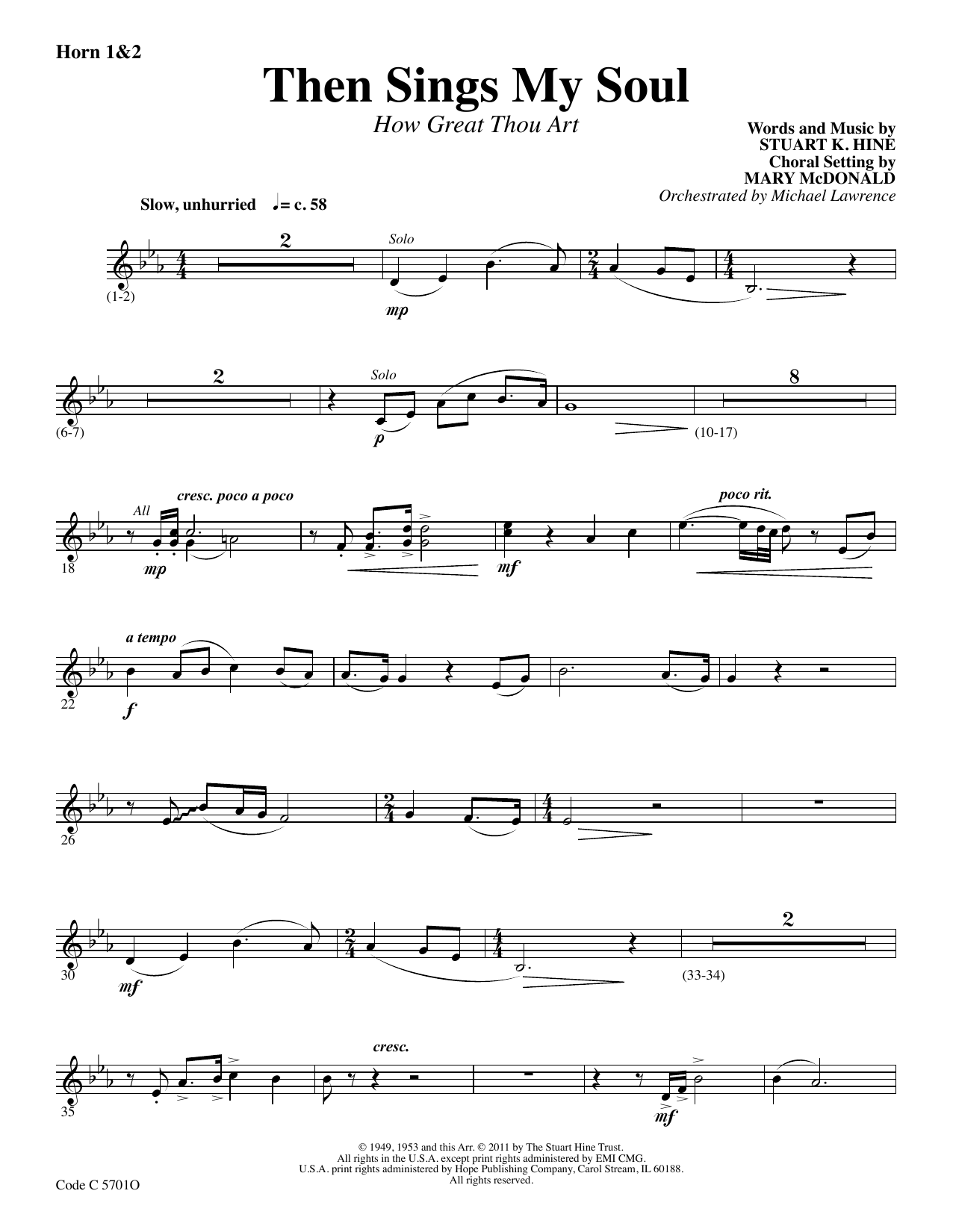 Stuart K. Hine Then Sings My Soul (How Great Thou Art) - F Horn 1,2 sheet music notes and chords arranged for Choir Instrumental Pak