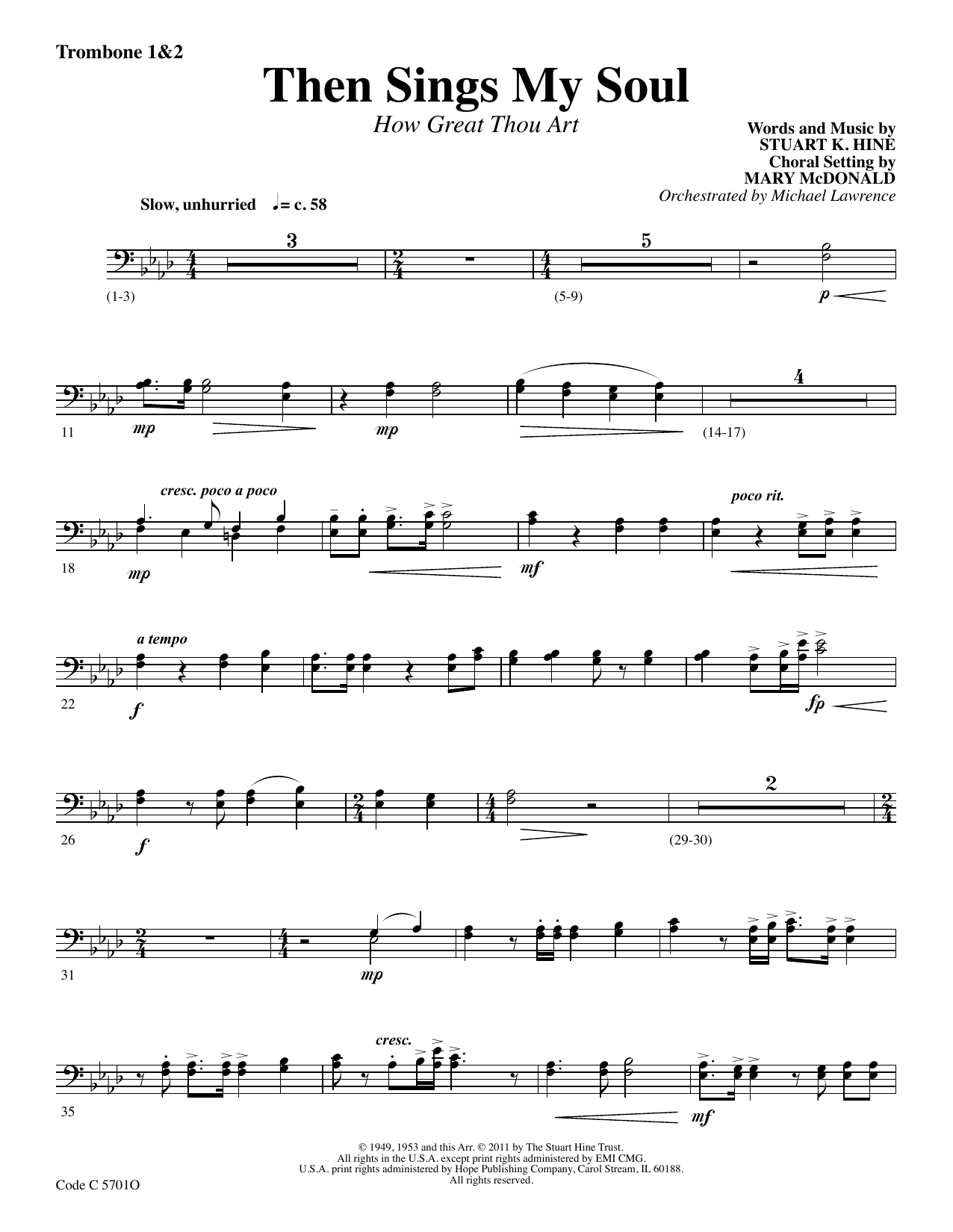 Stuart K. Hine Then Sings My Soul (How Great Thou Art) - Trombone 1 & 2 sheet music notes and chords arranged for Choir Instrumental Pak