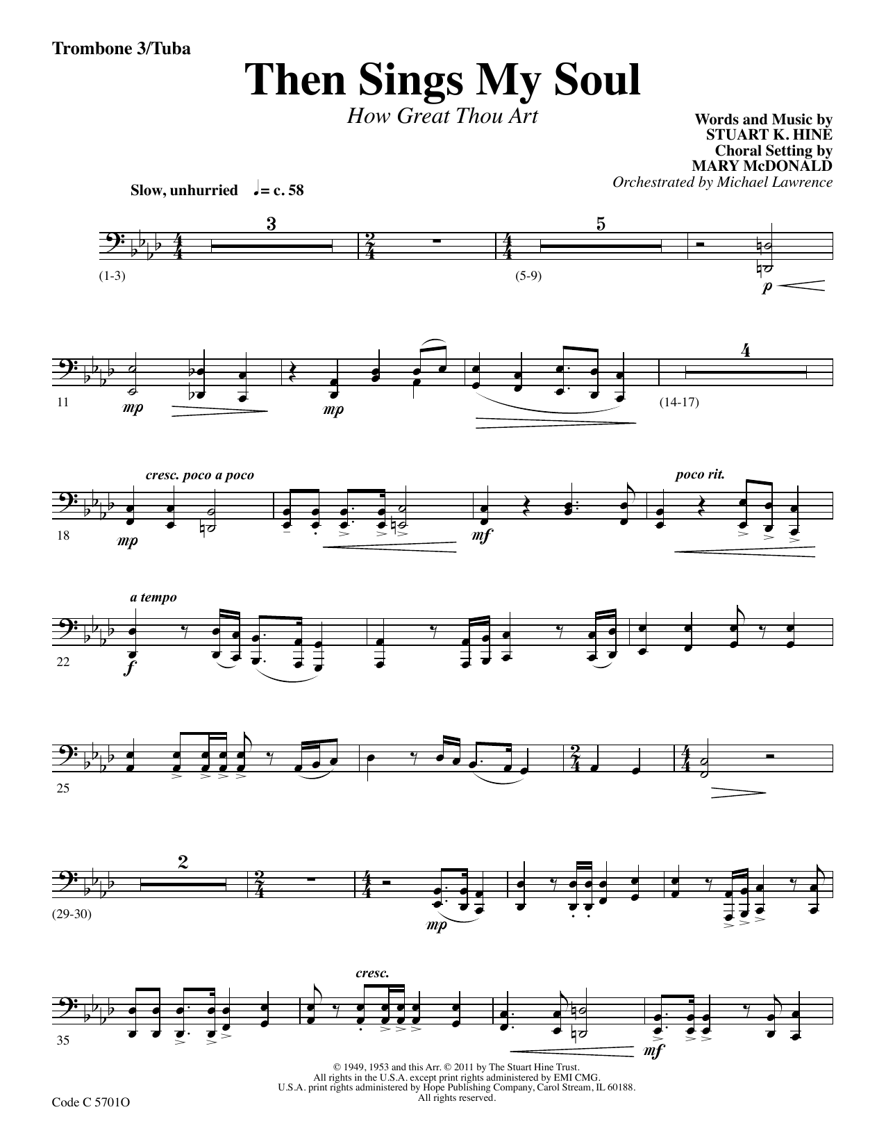 Stuart K. Hine Then Sings My Soul (How Great Thou Art) - Trombone 3/Tuba sheet music notes and chords arranged for Choir Instrumental Pak