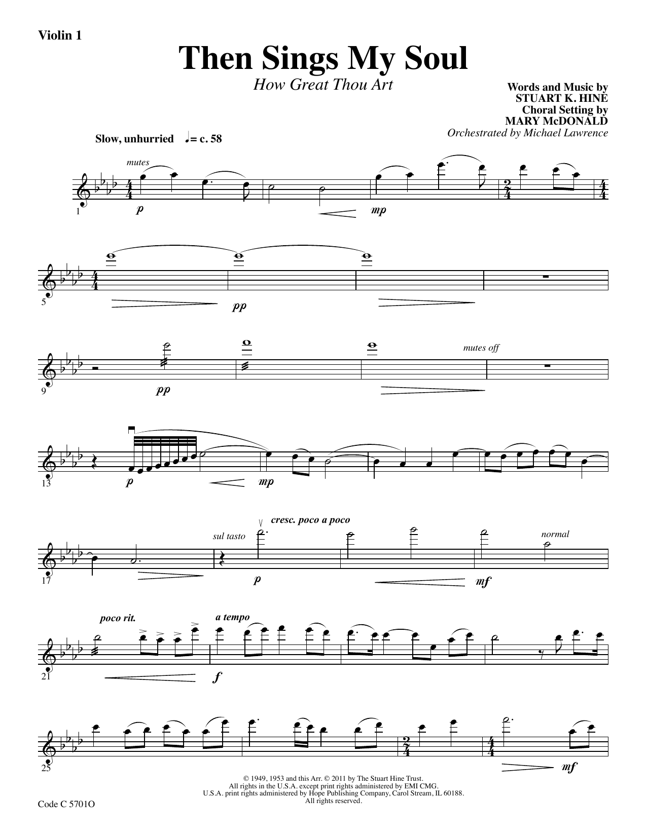 Stuart K. Hine Then Sings My Soul (How Great Thou Art) - Violin 1 sheet music notes and chords arranged for Choir Instrumental Pak