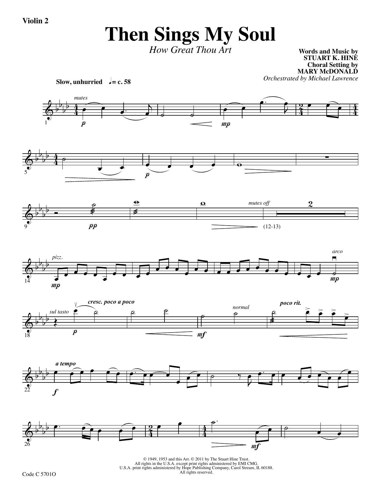 Stuart K. Hine Then Sings My Soul (How Great Thou Art) - Violin 2 sheet music notes and chords arranged for Choir Instrumental Pak